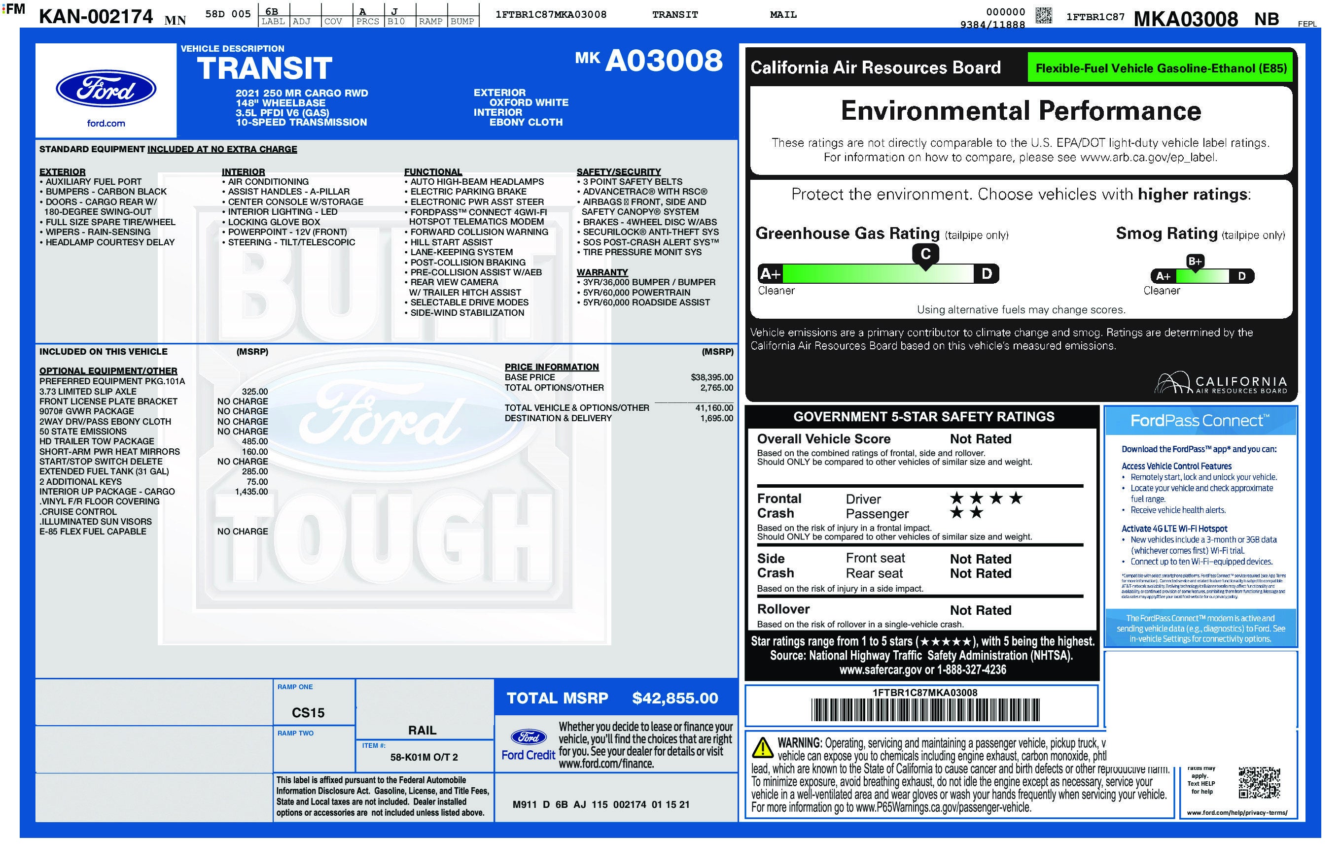 2021 Ford Transit-250 Cargo Van T-250 130" Med Rf 9070 GVWR RWD