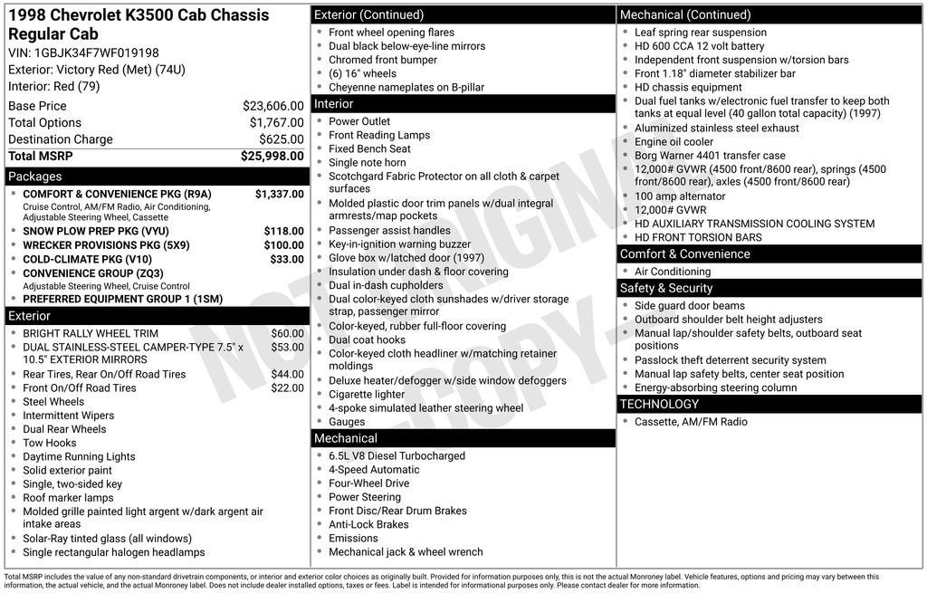 1998 Chevrolet Silverado 3500 HD Chassis Cab Reg Cab 159.5" WB, 83.7" CA 4WD DRW