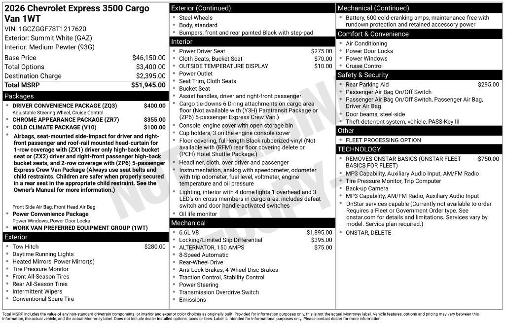 2026 Chevrolet Express Cargo 1WT