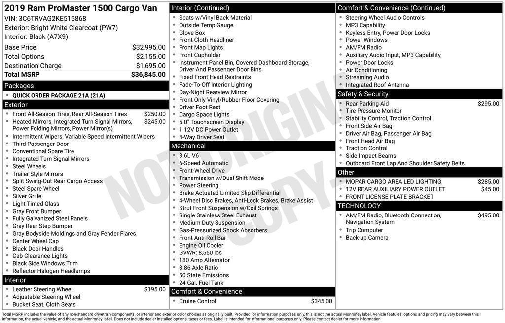 2019 RAM ProMaster 1500 Cargo Van Low Roof 136" WB