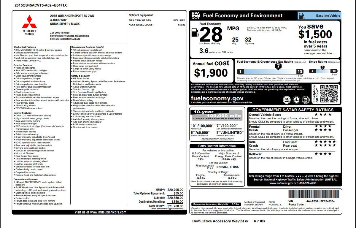 2015 Mitsubishi Outlander Sport ES