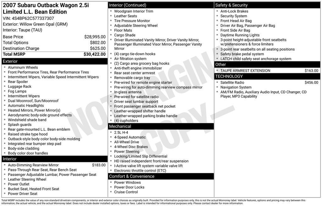 2007 Subaru Legacy Wagon Outback Ltd LL Bean