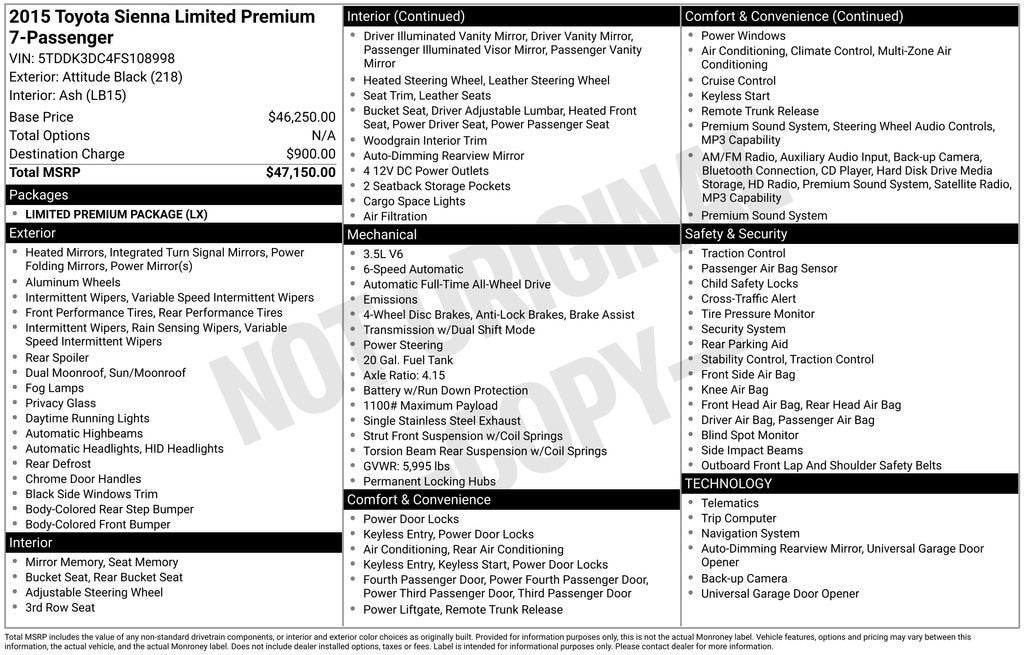 2015 Toyota Sienna Limited Premium 7 Passenger