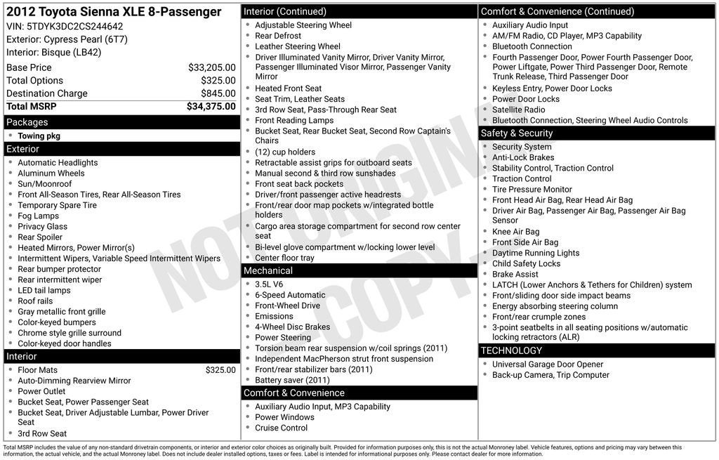 2012 Toyota Sienna XLE V6 8 Passenger