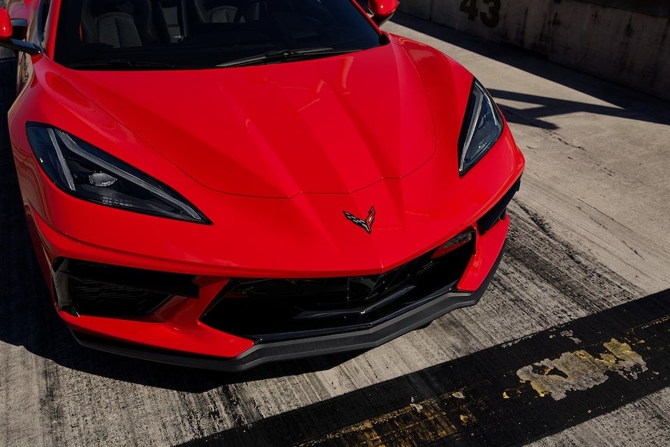 2024 Chevrolet Corvette Stingray close up view of front end of vehicle on a race track